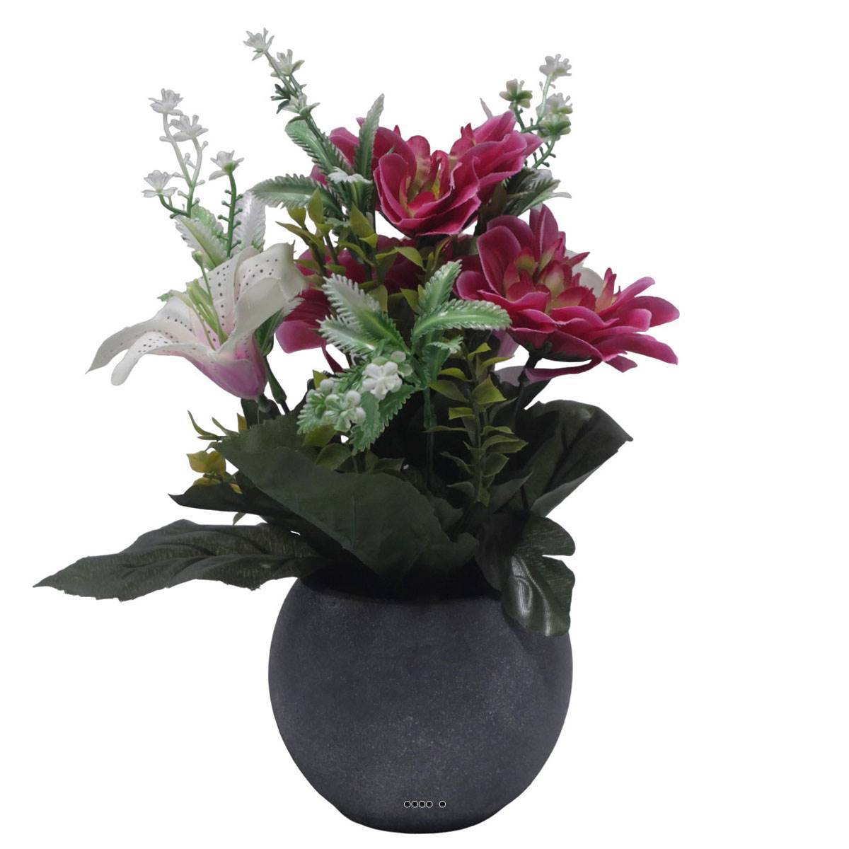 Artificielles - Pot Boule Béton pour Tombe de Dahlia, Lys et mini fleurs Rose fushia artificiels - Toussaint - couleur: Rose fushia 730 - Imagen 2