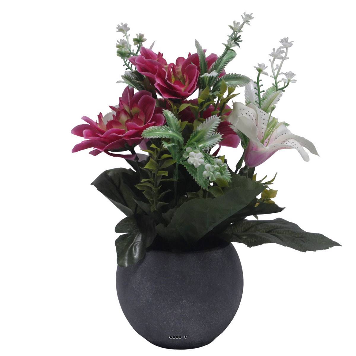 Artificielles - Pot Boule Béton pour Tombe de Dahlia, Lys et mini fleurs Rose fushia artificiels - Toussaint - couleur: Rose fushia 730 - Imagen 1