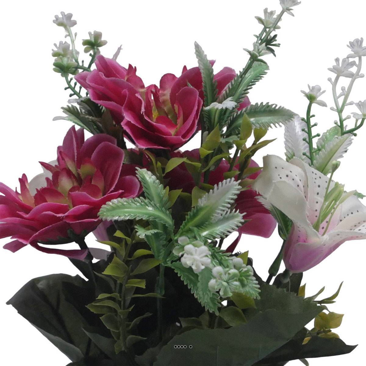 Artificielles - Pot Boule Béton pour Tombe de Dahlia, Lys et mini fleurs Rose fushia artificiels - Toussaint - couleur: Rose fushia 730 - Imagen 3