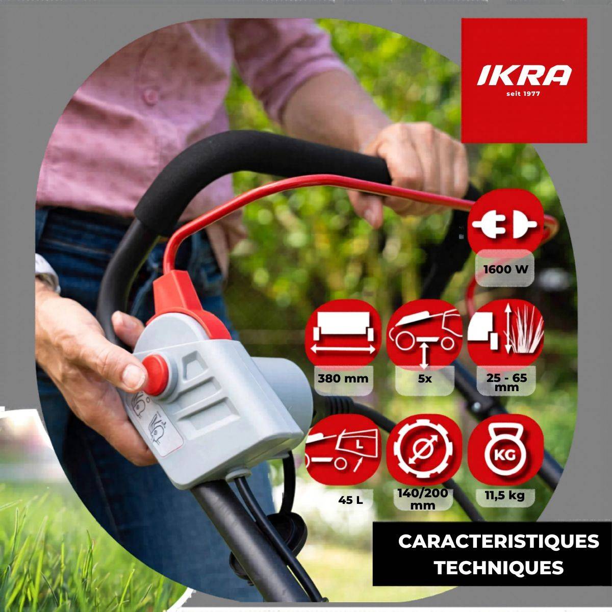 Tondeuse électrique 1600W Largeur de coupe 38cm Tonte & Ramassage Pelouse, Tondeuse gazon Bac 45L IKRA - Image 10