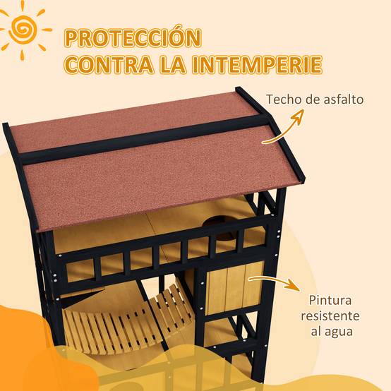 Niche pour chat à 4 niveaux (84 x 60 x 116 cm) avec pont suspendu, balcon et toit en asphalte naturel - Image 7