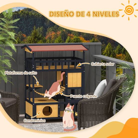 Niche pour chat à 4 niveaux (84 x 60 x 116 cm) avec pont suspendu, balcon et toit en asphalte naturel - Image 6
