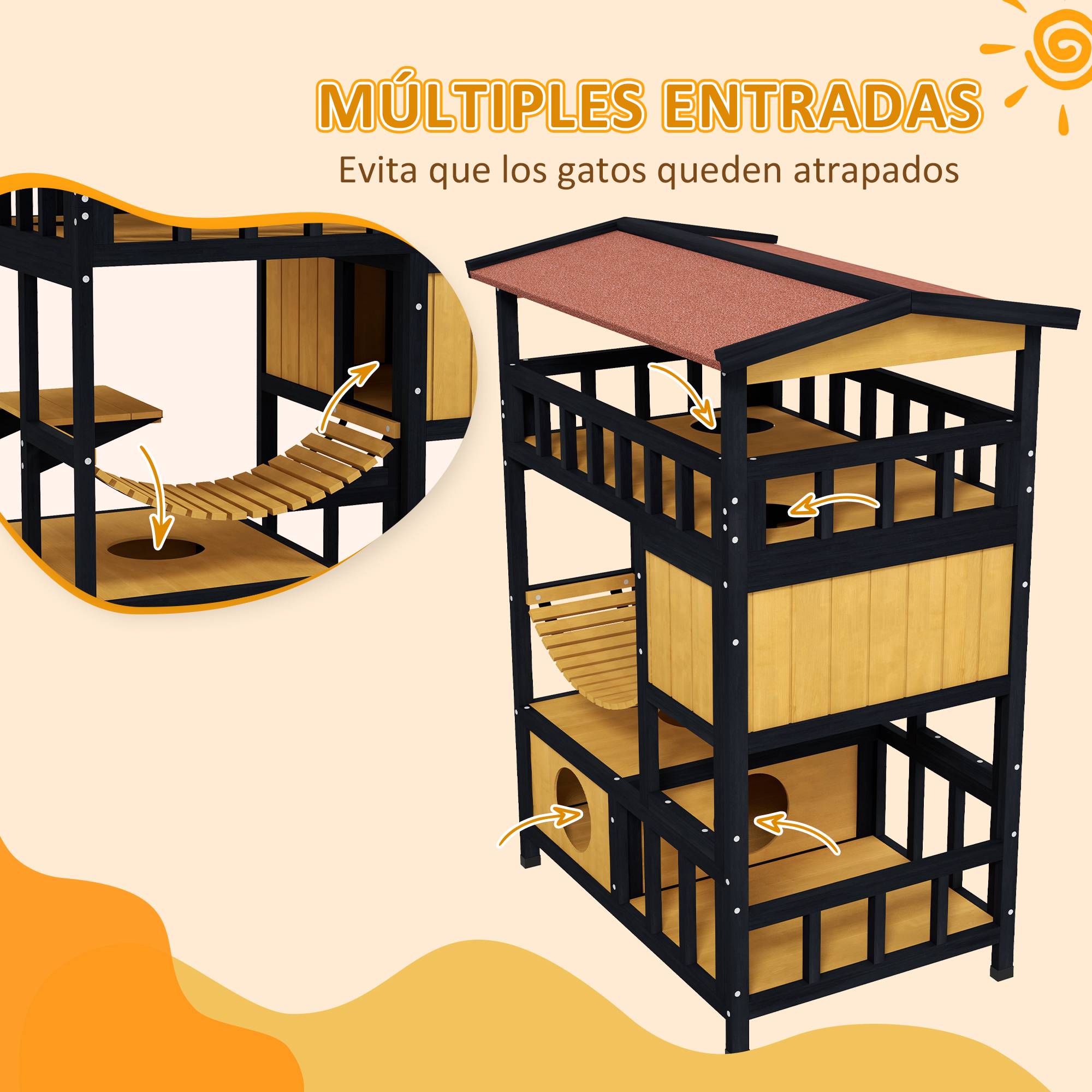Niche pour chat à 4 niveaux (84 x 60 x 116 cm) avec pont suspendu, balcon et toit en asphalte naturel - Image 8