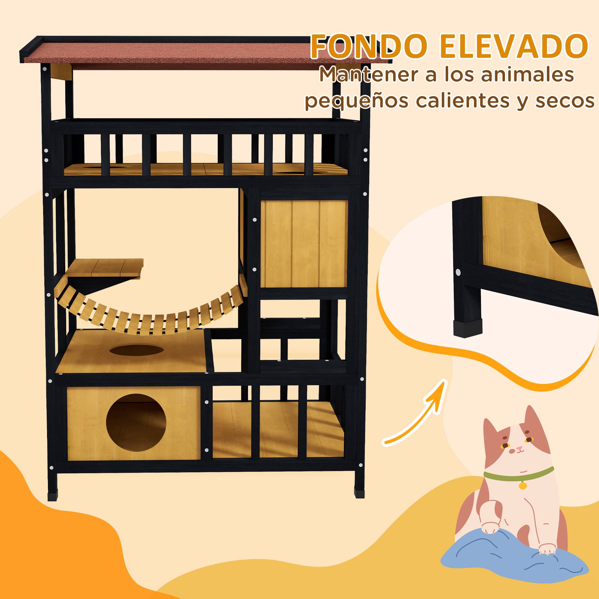 Niche pour chat à 4 niveaux (84 x 60 x 116 cm) avec pont suspendu, balcon et toit en asphalte naturel - Image 9