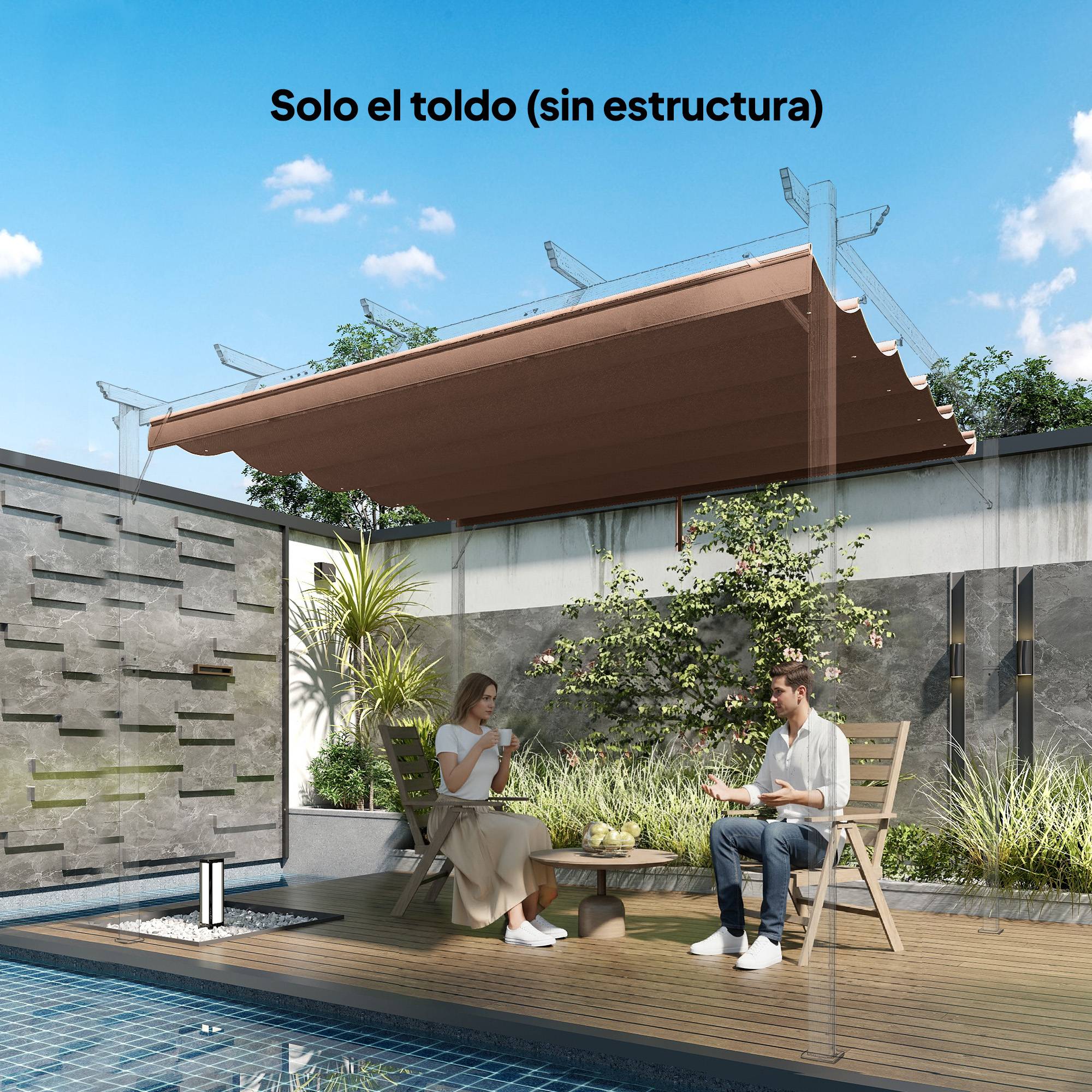 Toile de remplacement rétractable 2,5 x 2,55 m pour pergola 3 x 3 m, avec 10 trous de drainage, couleur café. - Image 4