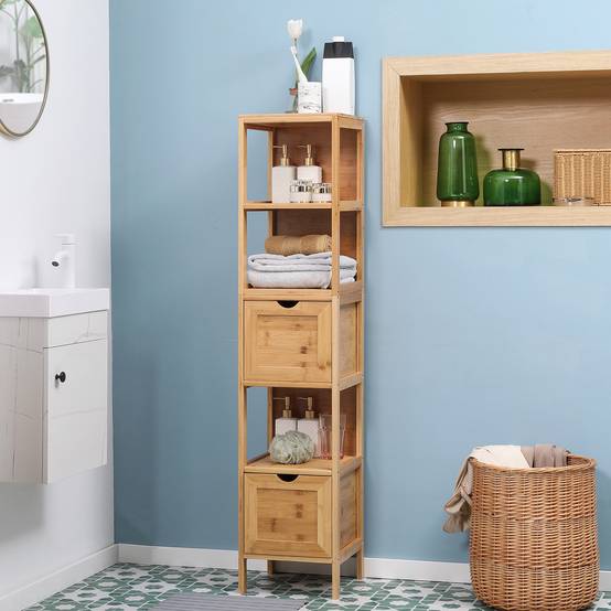 Colonne salle de bain bambou avec 3 étagères et 2 tiroirs, meuble rangement vertical 30x30x140 cm naturel moderne - Image 3