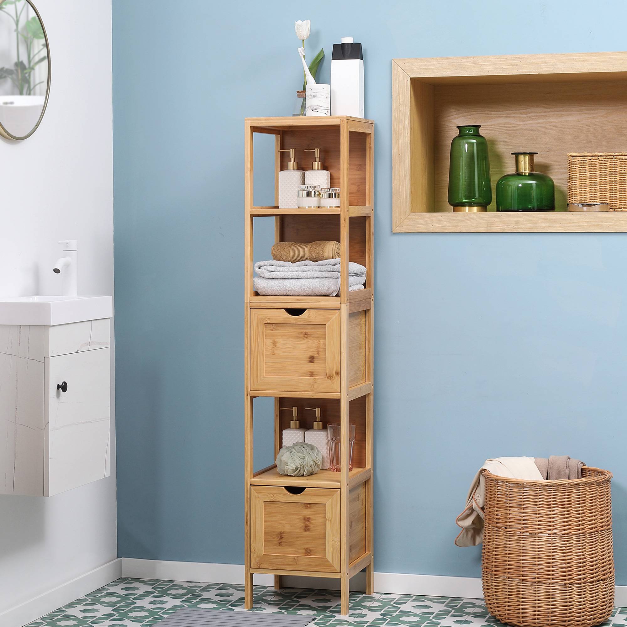 Colonne salle de bain bambou avec 3 étagères et 2 tiroirs, meuble rangement vertical 30x30x140 cm naturel moderne - Image 3
