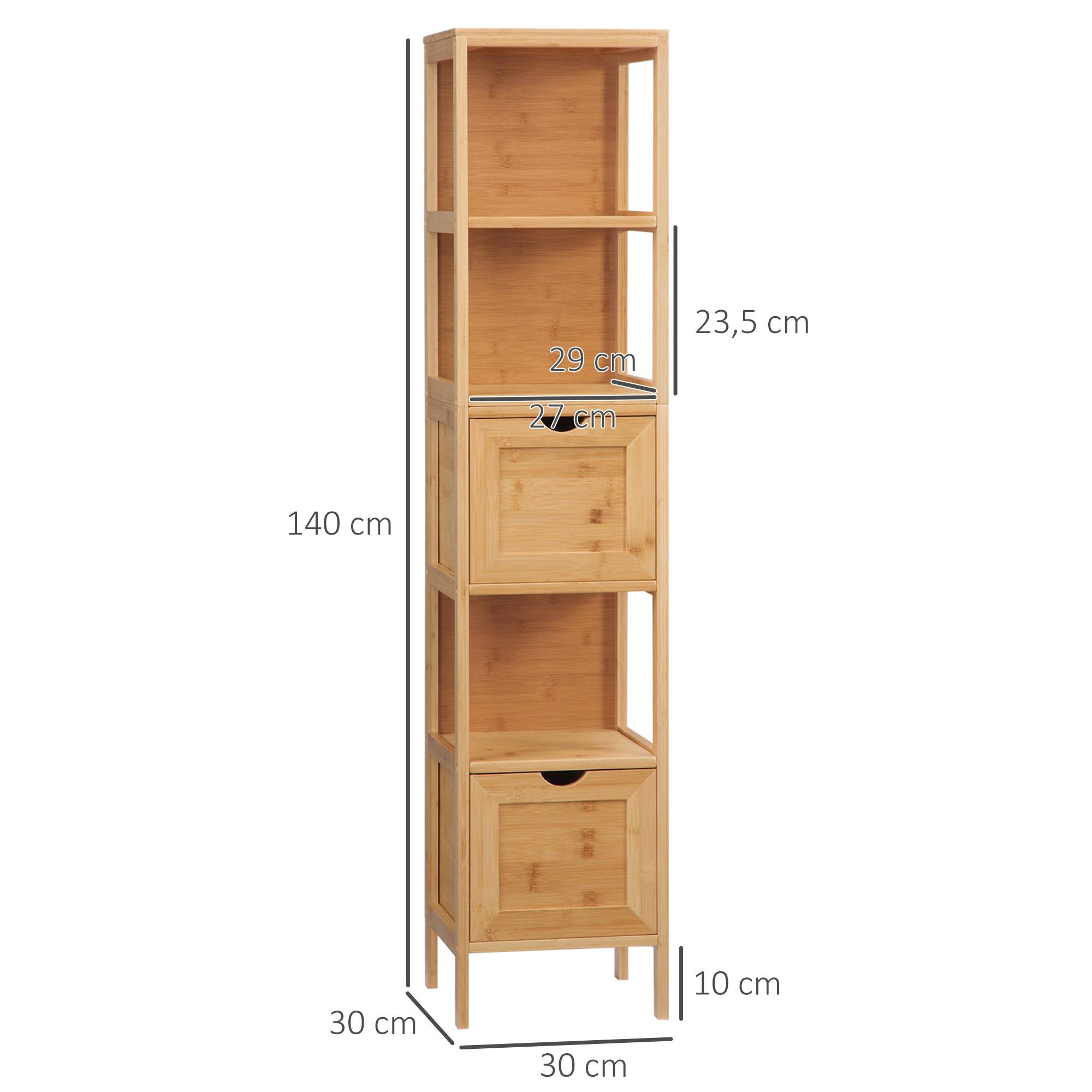 Colonne salle de bain bambou avec 3 étagères et 2 tiroirs, meuble rangement vertical 30x30x140 cm naturel moderne - Image 5