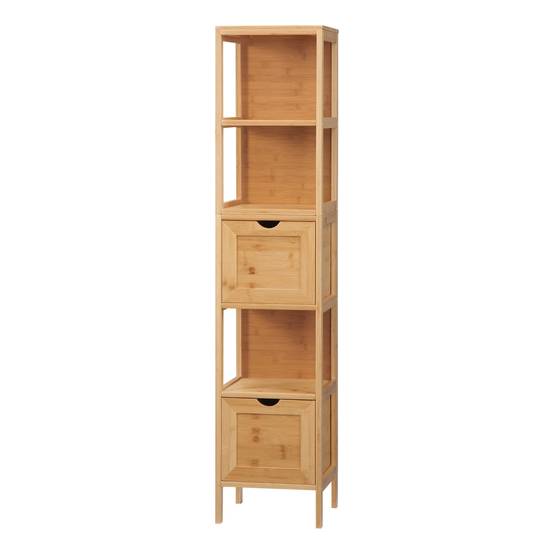 Colonne salle de bain bambou avec 3 étagères et 2 tiroirs, meuble rangement vertical 30x30x140 cm naturel moderne - Image 2