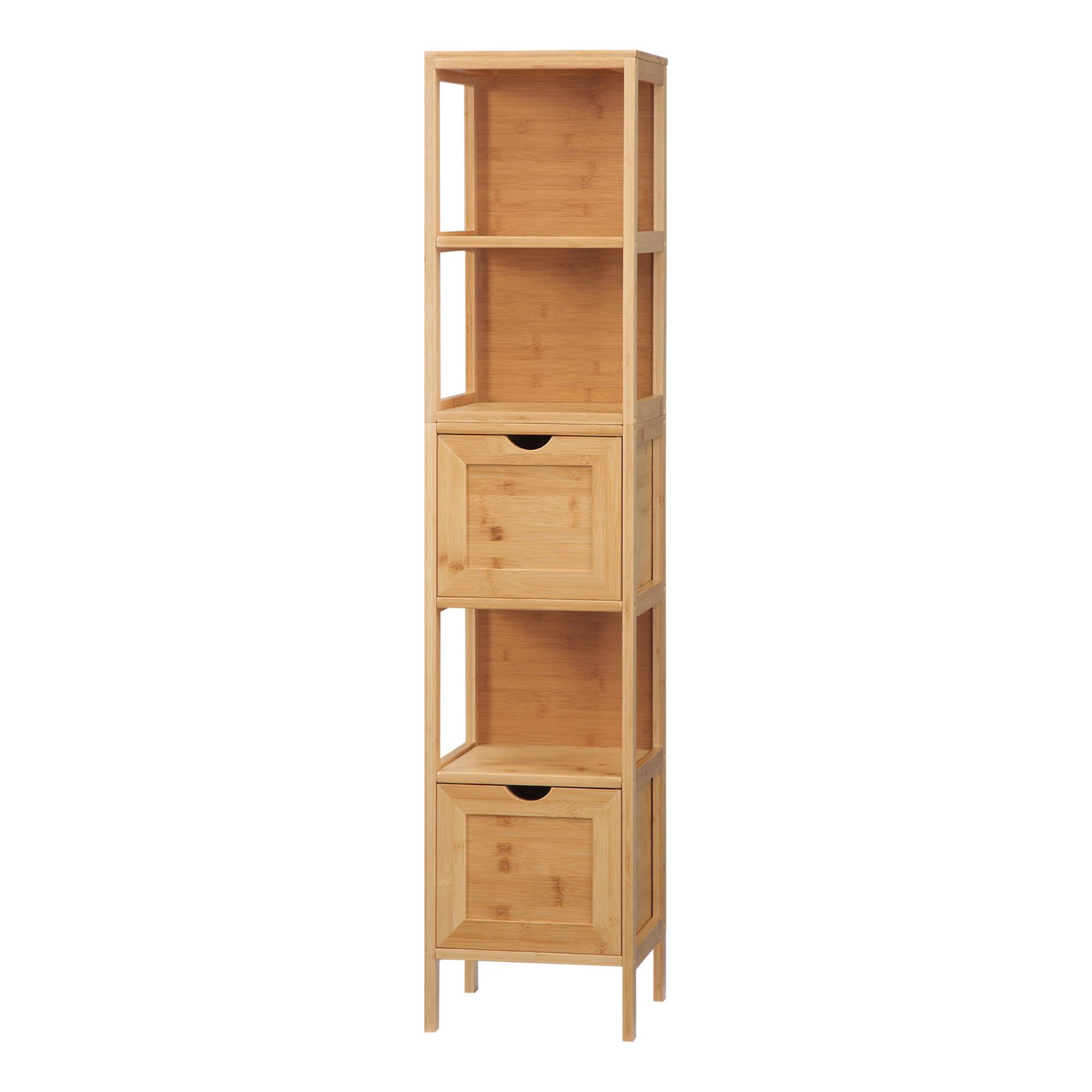 Colonne salle de bain bambou avec 3 étagères et 2 tiroirs, meuble rangement vertical 30x30x140 cm naturel moderne - Image 2