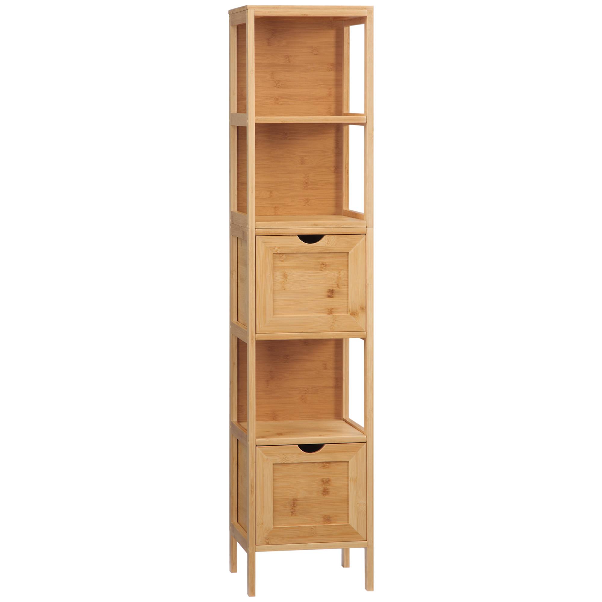 Colonne salle de bain bambou avec 3 étagères et 2 tiroirs, meuble rangement vertical 30x30x140 cm naturel moderne - Image 1
