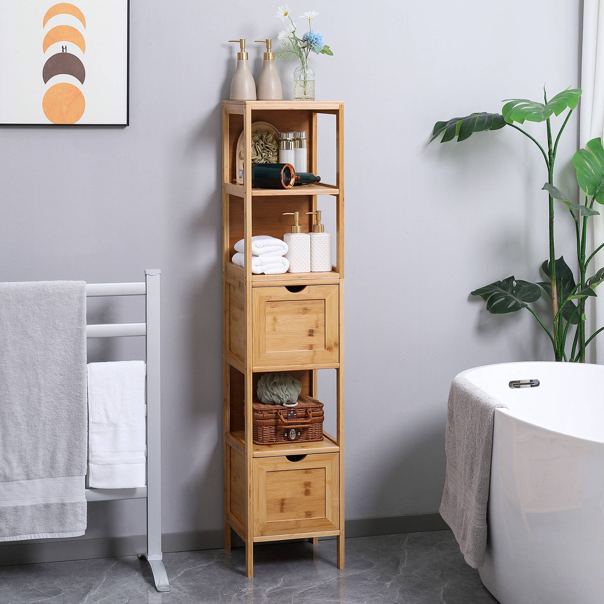 Colonne salle de bain bambou avec 3 étagères et 2 tiroirs, meuble rangement vertical 30x30x140 cm naturel moderne - Image 4