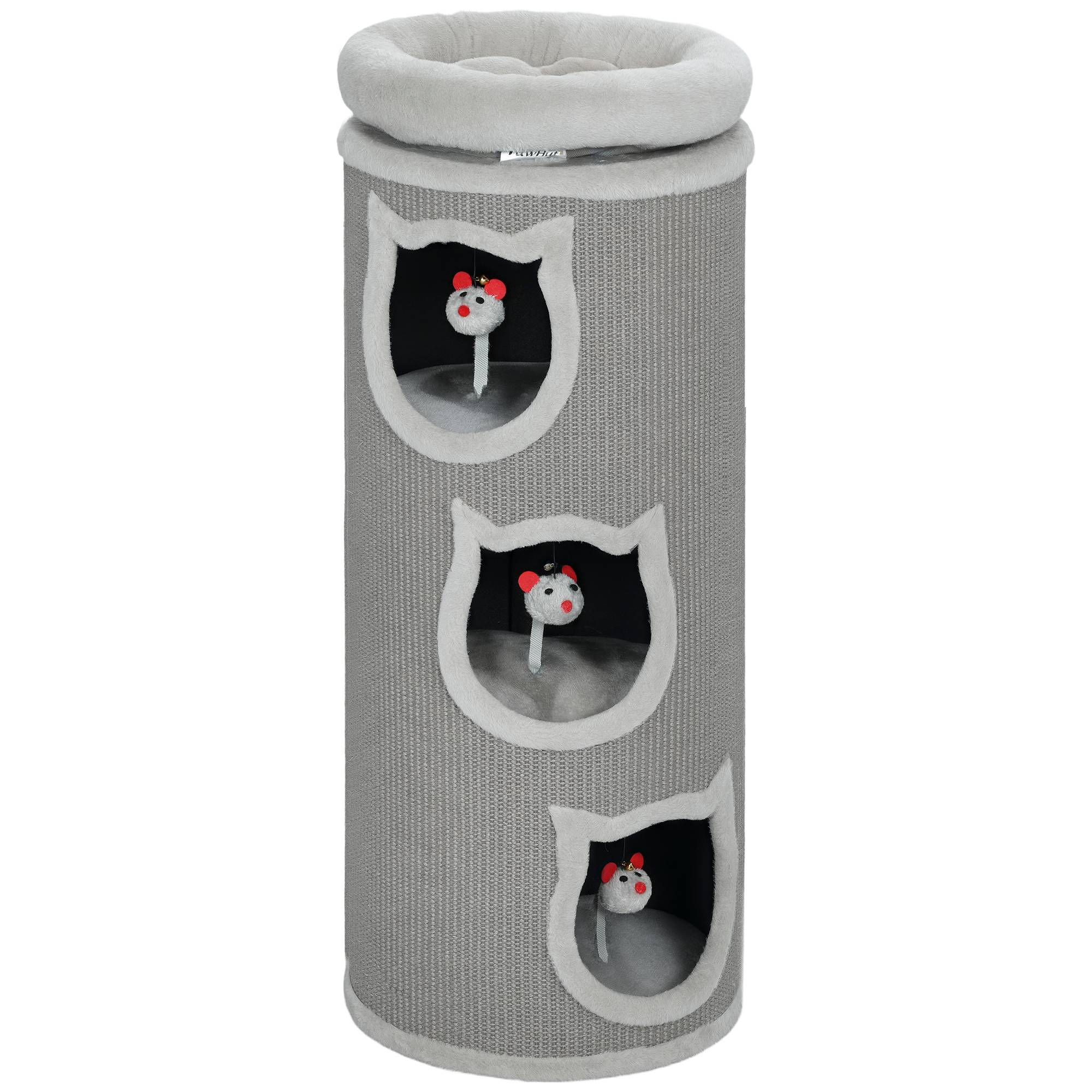 ComfortXL - Tonneau griffoir pour chat en sisal et panneaux de particules gris Ø 38 x 96 cm avec 3 refuges et lit amovible - Image 6