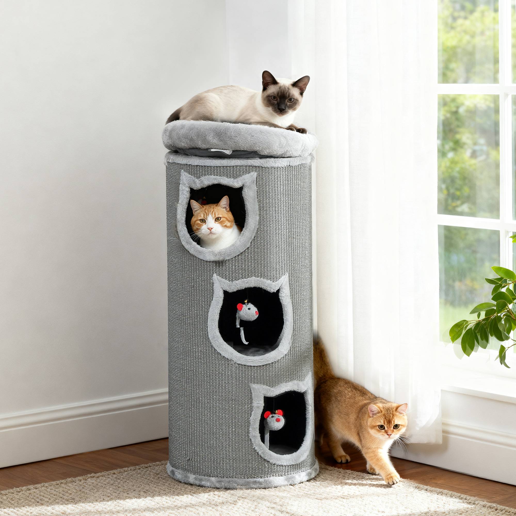 ComfortXL - Tonneau griffoir pour chat en sisal et panneaux de particules gris Ø 38 x 96 cm avec 3 refuges et lit amovible - Image 4