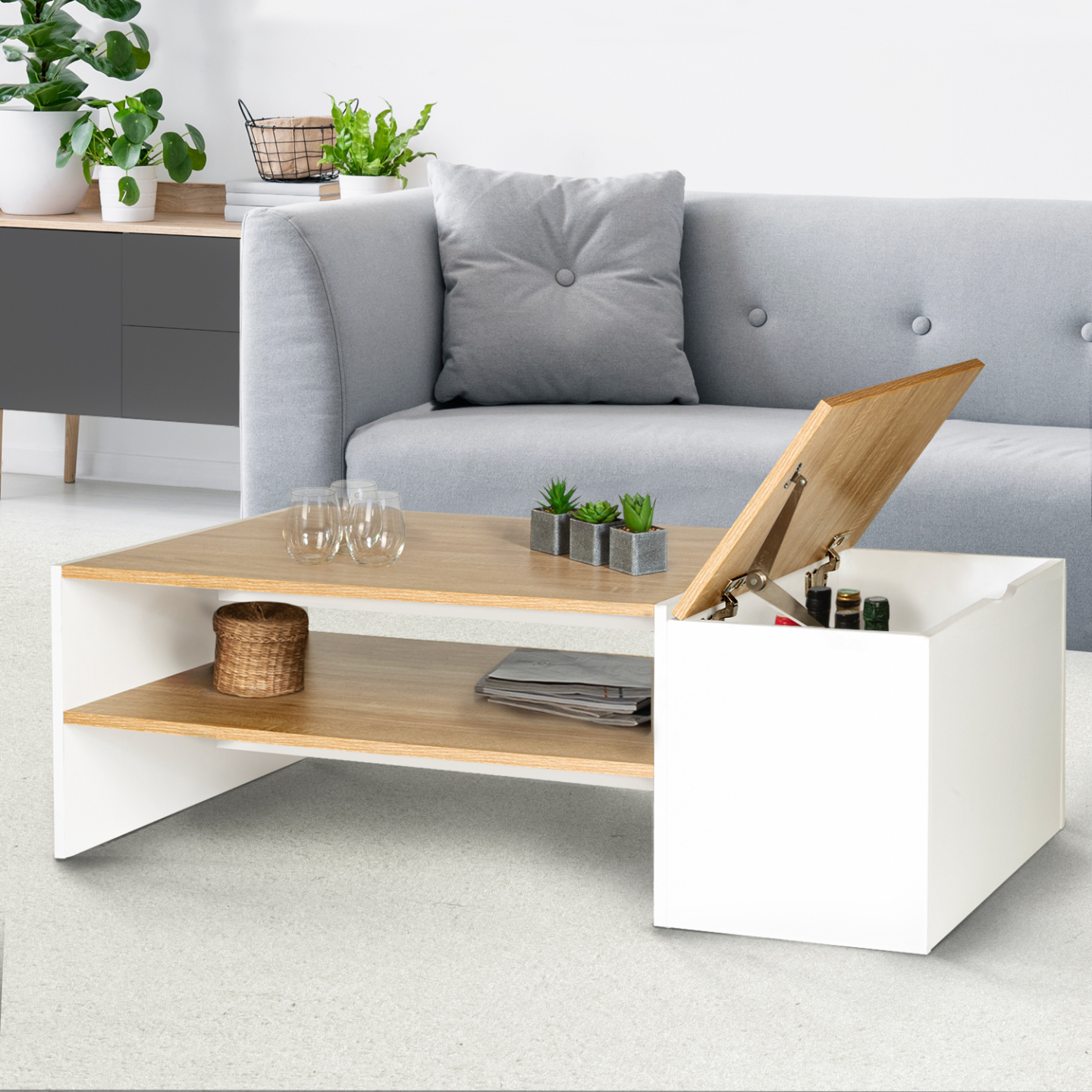 Table basse bar contemporaine rectangulaire IZIA avec coffre blanc et plateaux bois - Image 1
