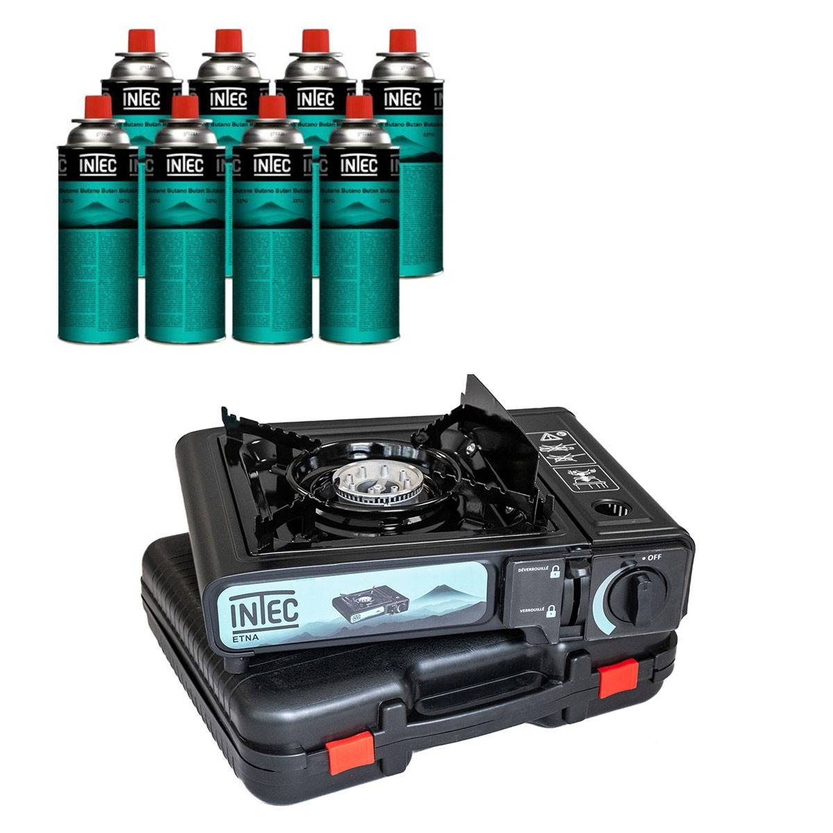 Réchaud à gaz 2200W + 8 Cartouches gaz butane Camping Road trips Piezo Mallette Etna INTEC - Imagen 1