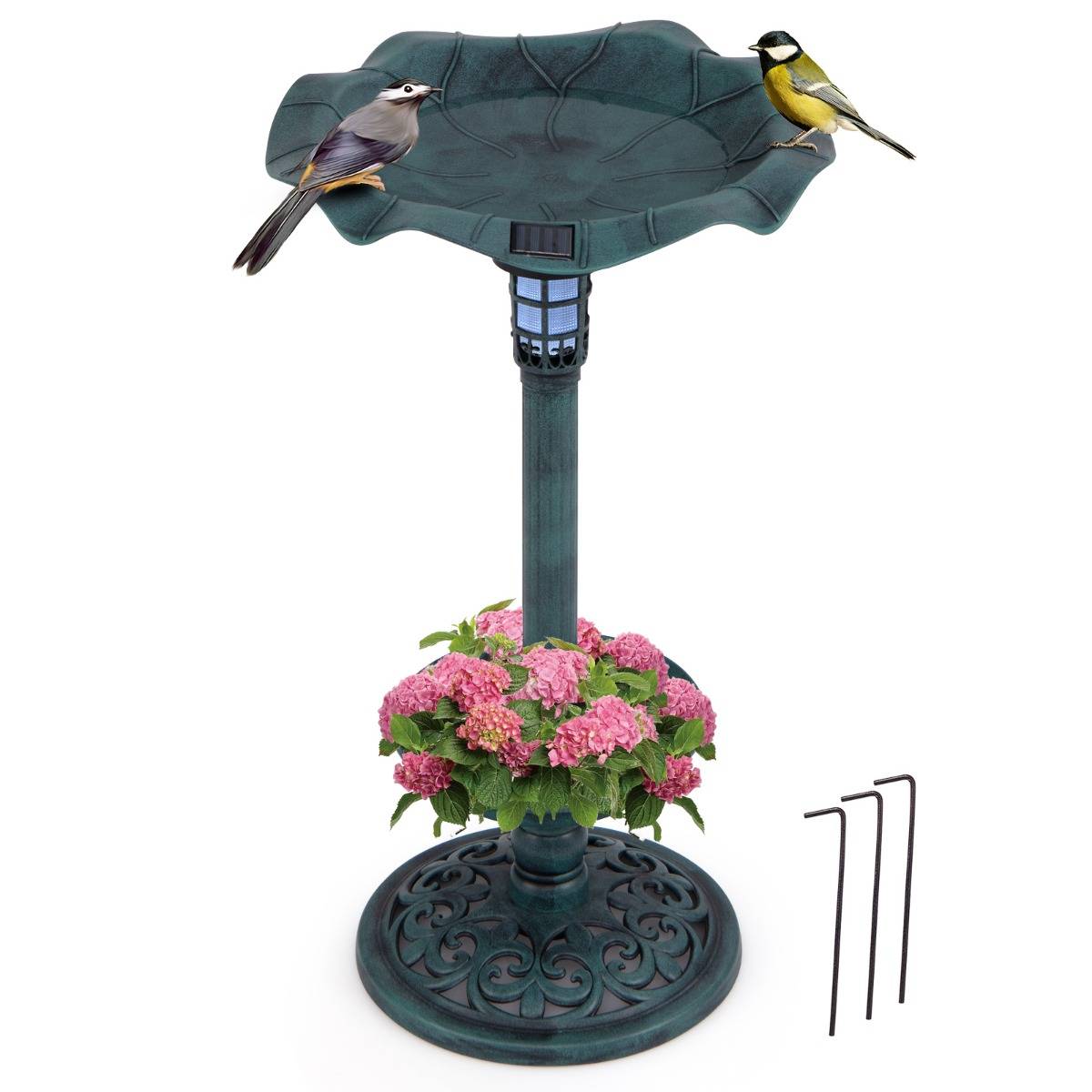 Bain d'Oiseaux Solaire Extérieur Combo sur Piédestal et Mangeoire avec Bol en Feuille de Lotus Jardinière Lampe Solaire Vert F67R