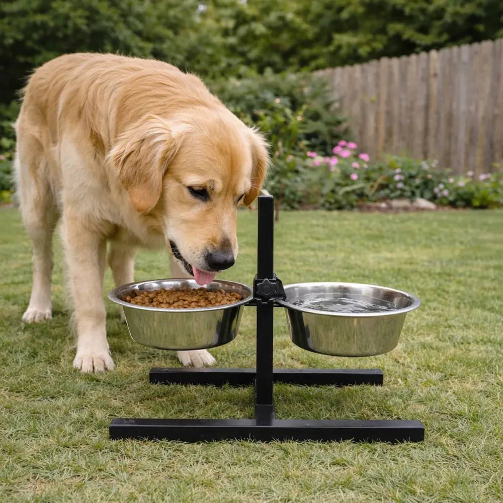 Mangeoire chien sur pied réglable  + 2 gamelles Ø de 19 cm - Image 1