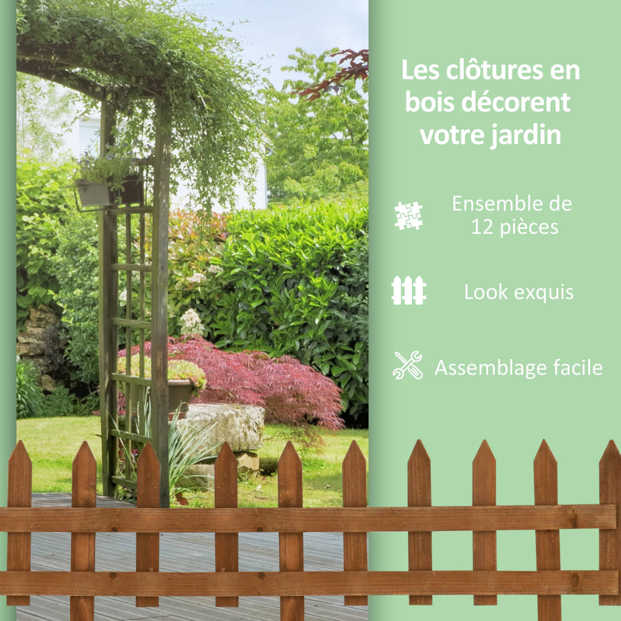 Outsunny - Bordures à planter 12 pcs - bordures de pelouse - barrières de jardin en bois de sapin pré-huilé - bordure dim. 60L x 34H cm - Outsunny - Imagen 6