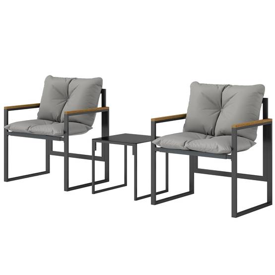 Sans Marque - Salon jardin 3 pièces 2 places 2 fauteuils 1 table basse verre trempé coussins gris - Image 2