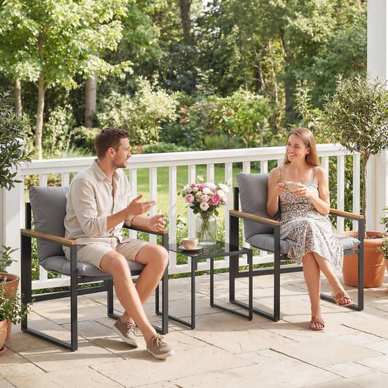 Sans Marque - Salon jardin 3 pièces 2 places 2 fauteuils 1 table basse verre trempé coussins gris - Image 4