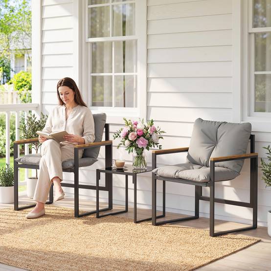Sans Marque - Salon jardin 3 pièces 2 places 2 fauteuils 1 table basse verre trempé coussins gris - Image 3