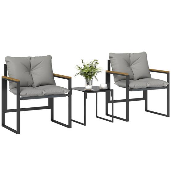 Sans Marque - Salon jardin 3 pièces 2 places 2 fauteuils 1 table basse verre trempé coussins gris - Image 1
