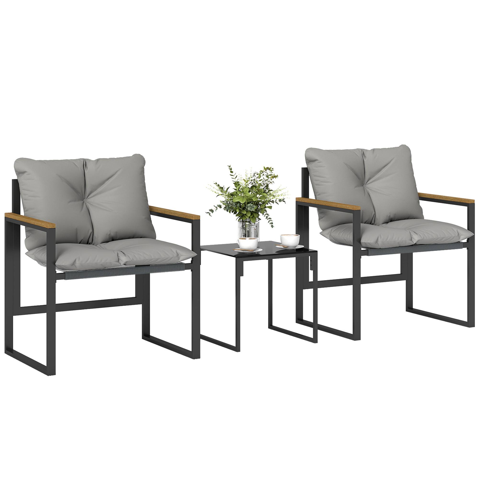Sans Marque - Salon jardin 3 pièces 2 places 2 fauteuils 1 table basse verre trempé coussins gris - Image 1