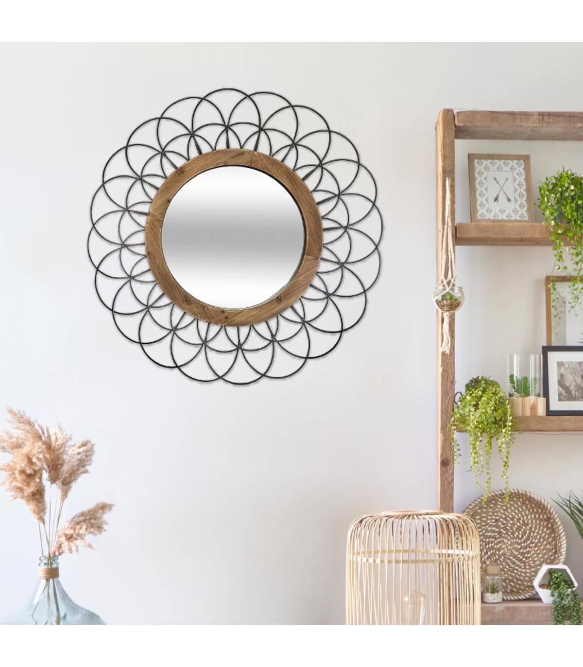 Miroir mural Fleur en Métal noir et Bois D 90 cm - Imagen 3