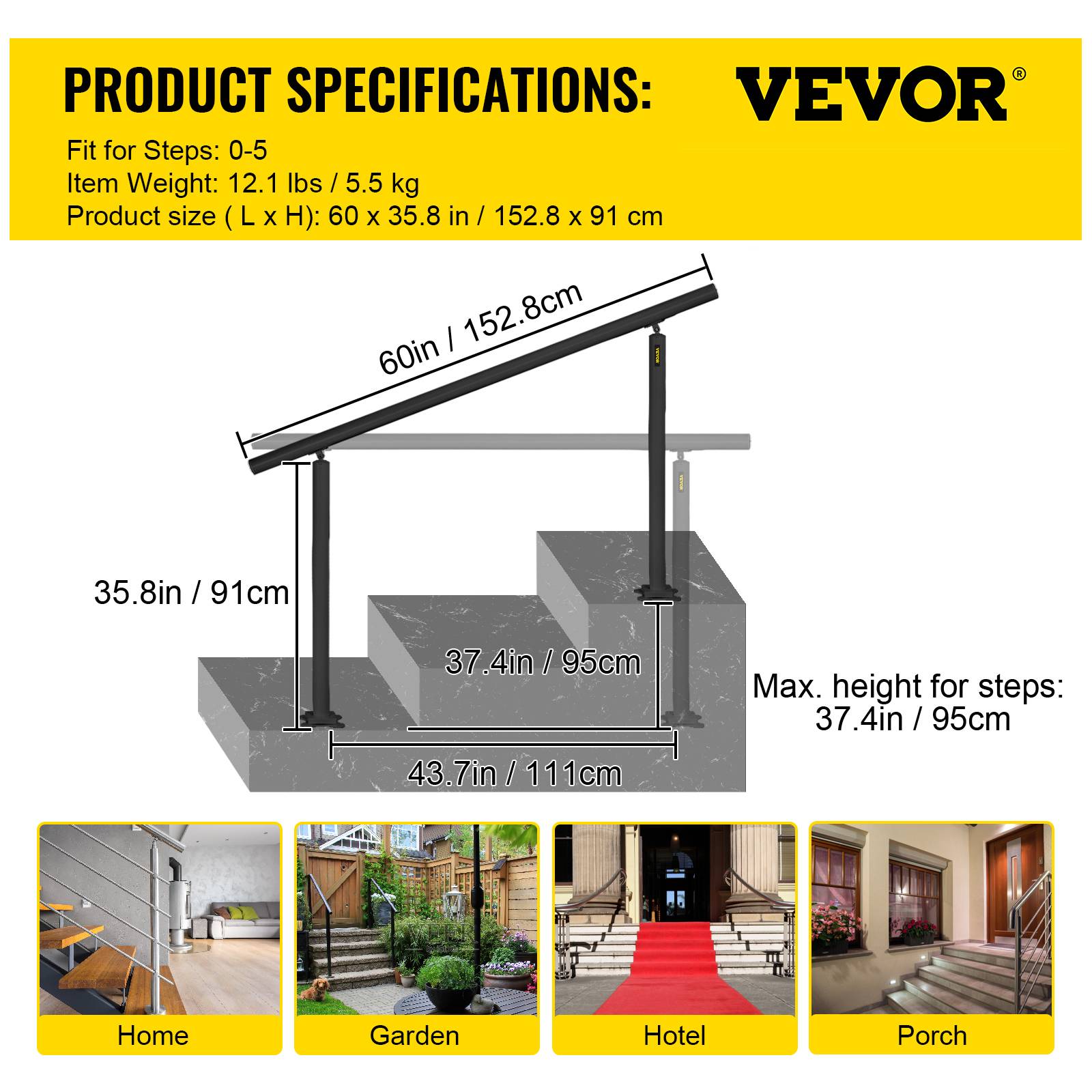 VEVOR Rampe d'escalier sans traverses 152.8x91cm aluminium, charge max 70kg, noir, pour 0 à 5 marches, jardins. - Image 7
