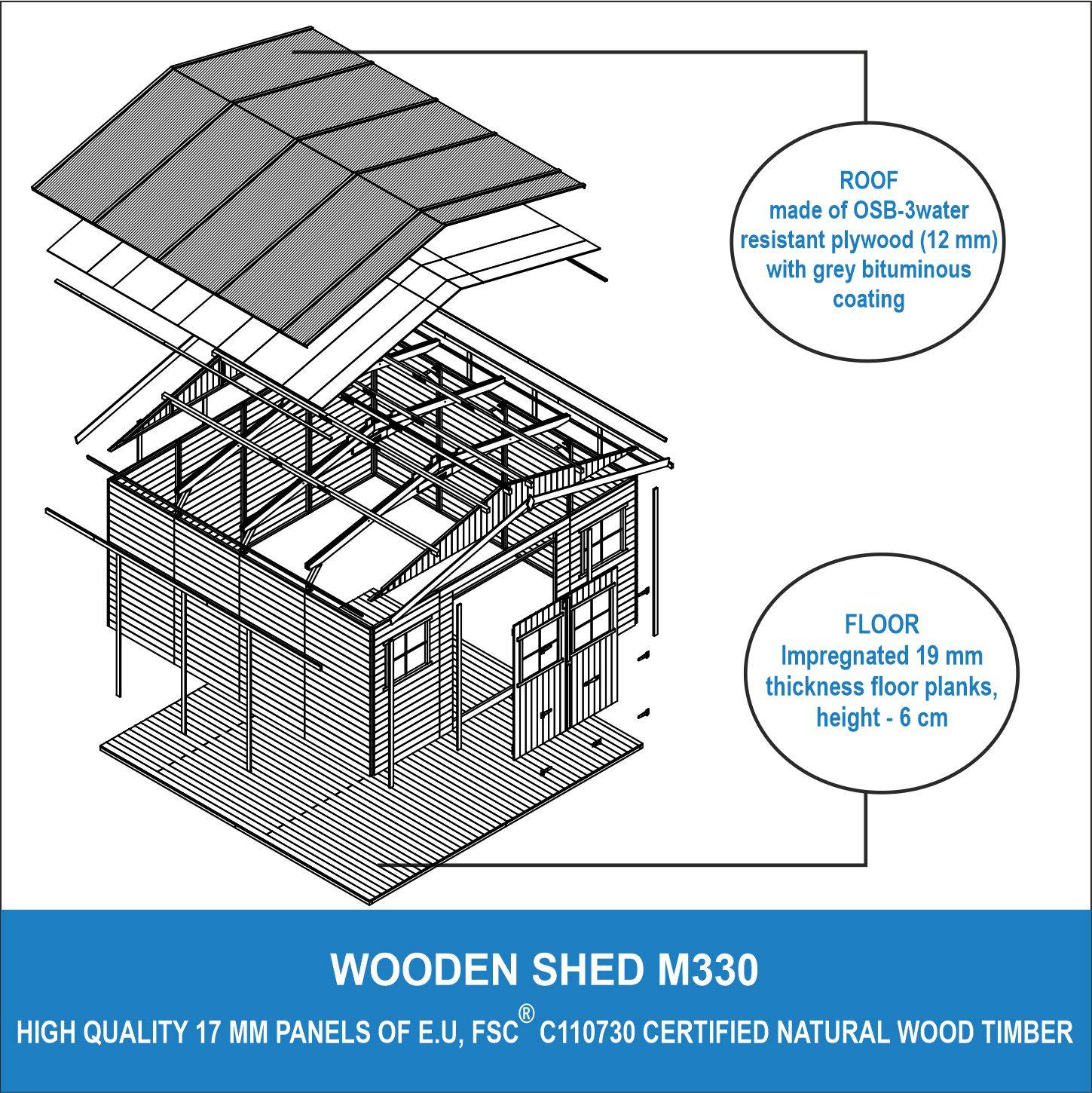 Timbela - Abri de jardin en bois exterieur H246 x 418 x 420 cm/ 16 m² avec plancher imprégné - Chalet - 17 mm d’épaisseur - Timbela M330+M330G - Imagen 7