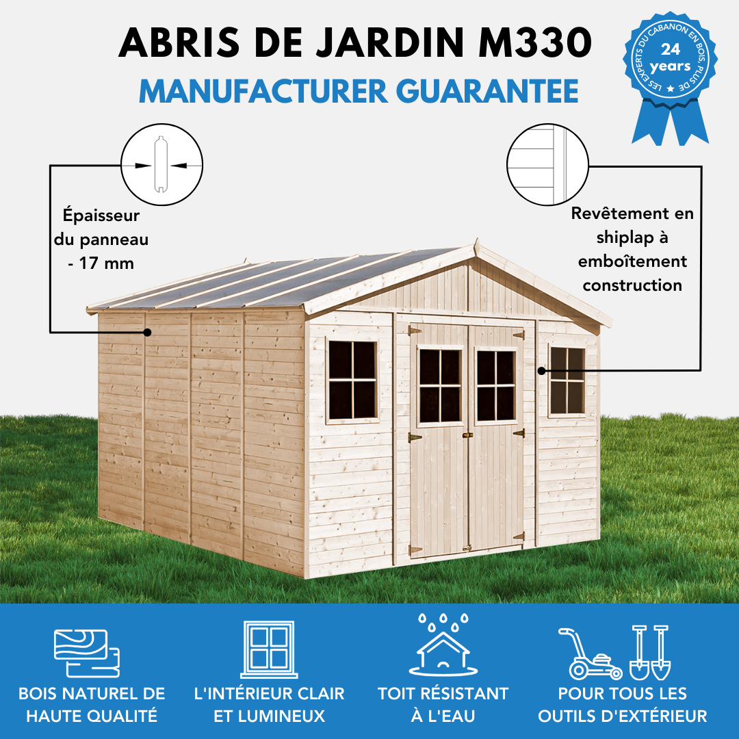 Timbela - Abri de jardin en bois exterieur H246 x 418 x 420 cm/ 16 m² avec plancher imprégné - Chalet - 17 mm d’épaisseur - Timbela M330+M330G - Imagen 8