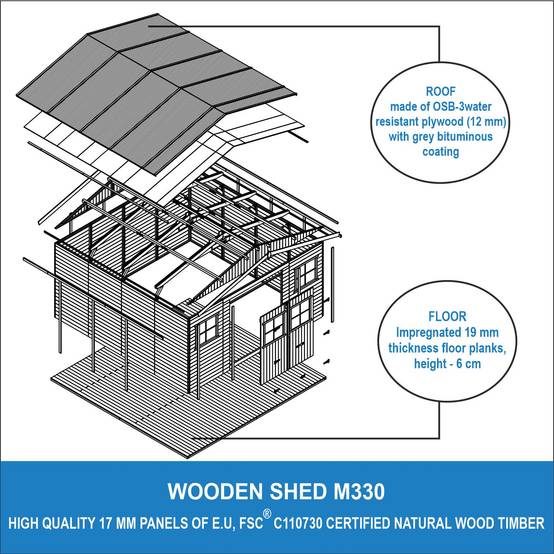 Timbela - Abri de jardin en bois exterieur H246 x 418 x 420 cm/ 16 m² avec plancher imprégné - Chalet - 17 mm d’épaisseur - Timbela M330+M330G - Imagen 4