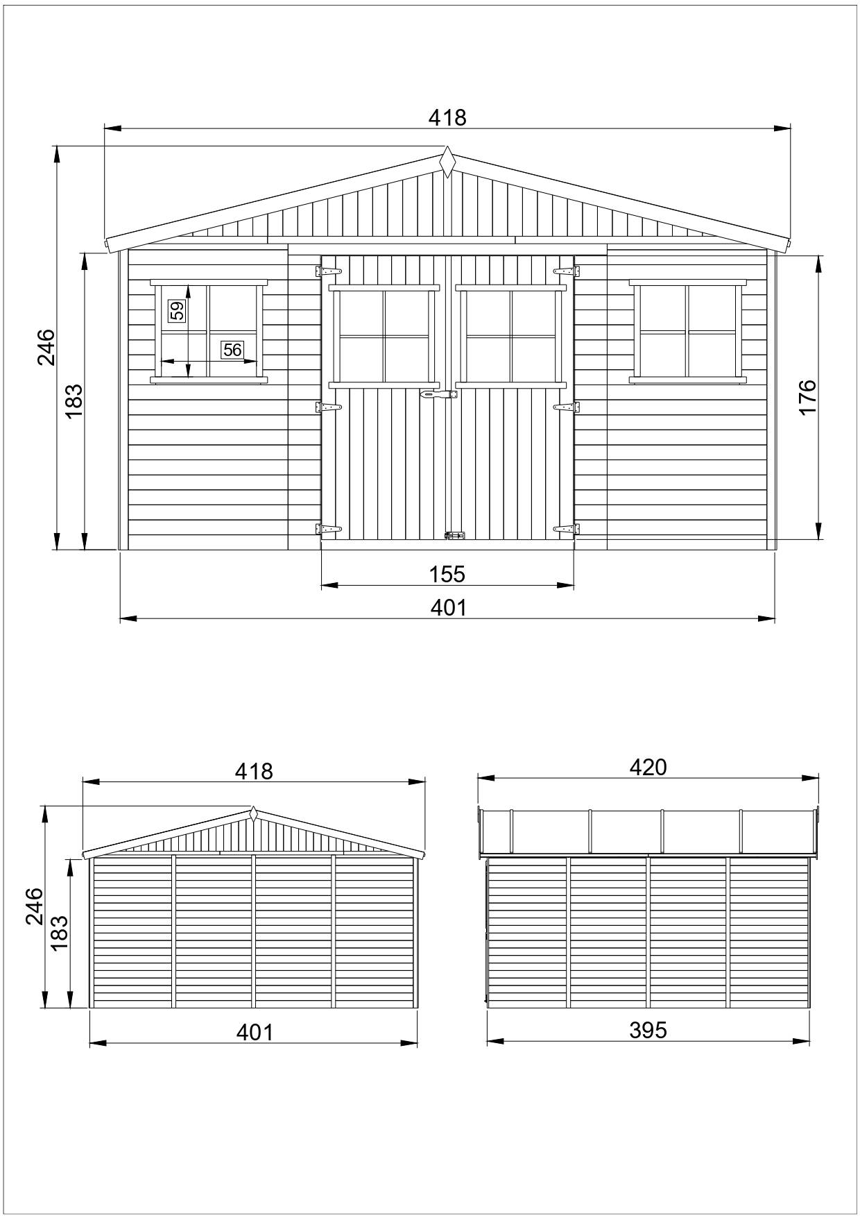 Timbela - Abri de jardin en bois exterieur H246 x 418 x 420 cm/ 16 m² avec plancher imprégné - Chalet - 17 mm d’épaisseur - Timbela M330+M330G - Imagen 5