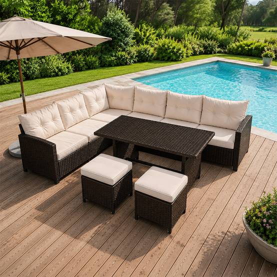 Salon de jardin 9 places avec table en résine tressée marron et beige RABI - Image 5