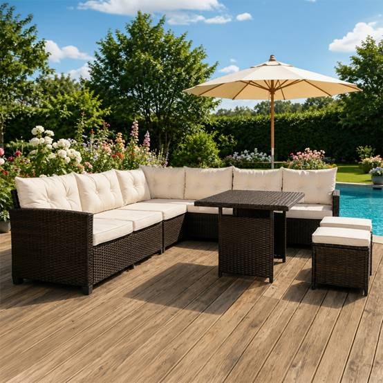 Salon de jardin 9 places avec table en résine tressée marron et beige RABI - Image 4