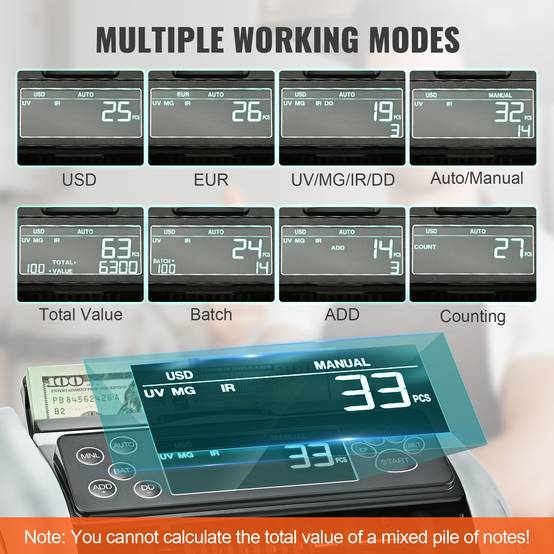 VEVOR Compteuse billets USD/EUR, détecteur faux billets UV/MG/IR/DD, grand écran LCD et externe. - Image 3