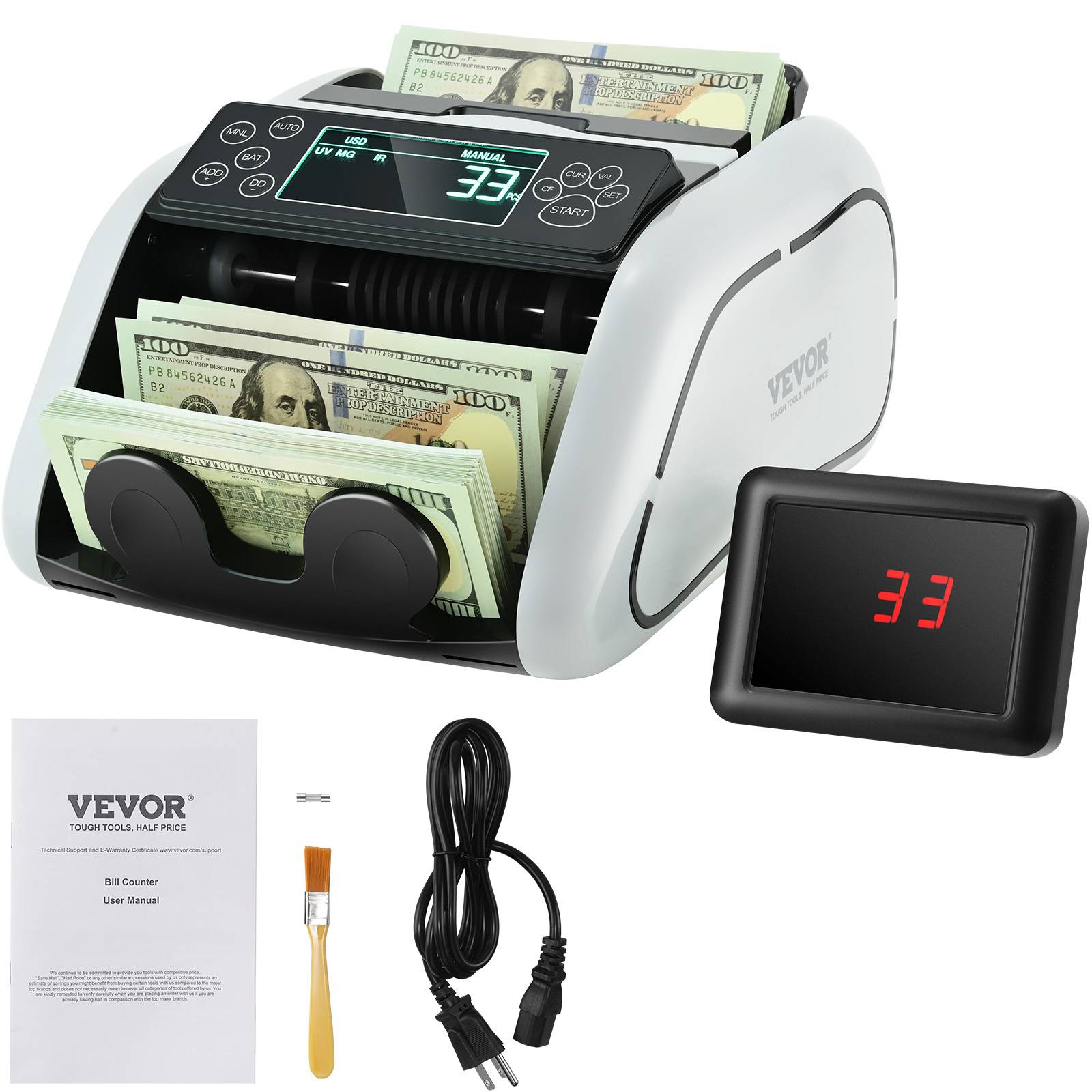 VEVOR Compteuse billets USD/EUR, détecteur faux billets UV/MG/IR/DD, grand écran LCD et externe. - Image 1