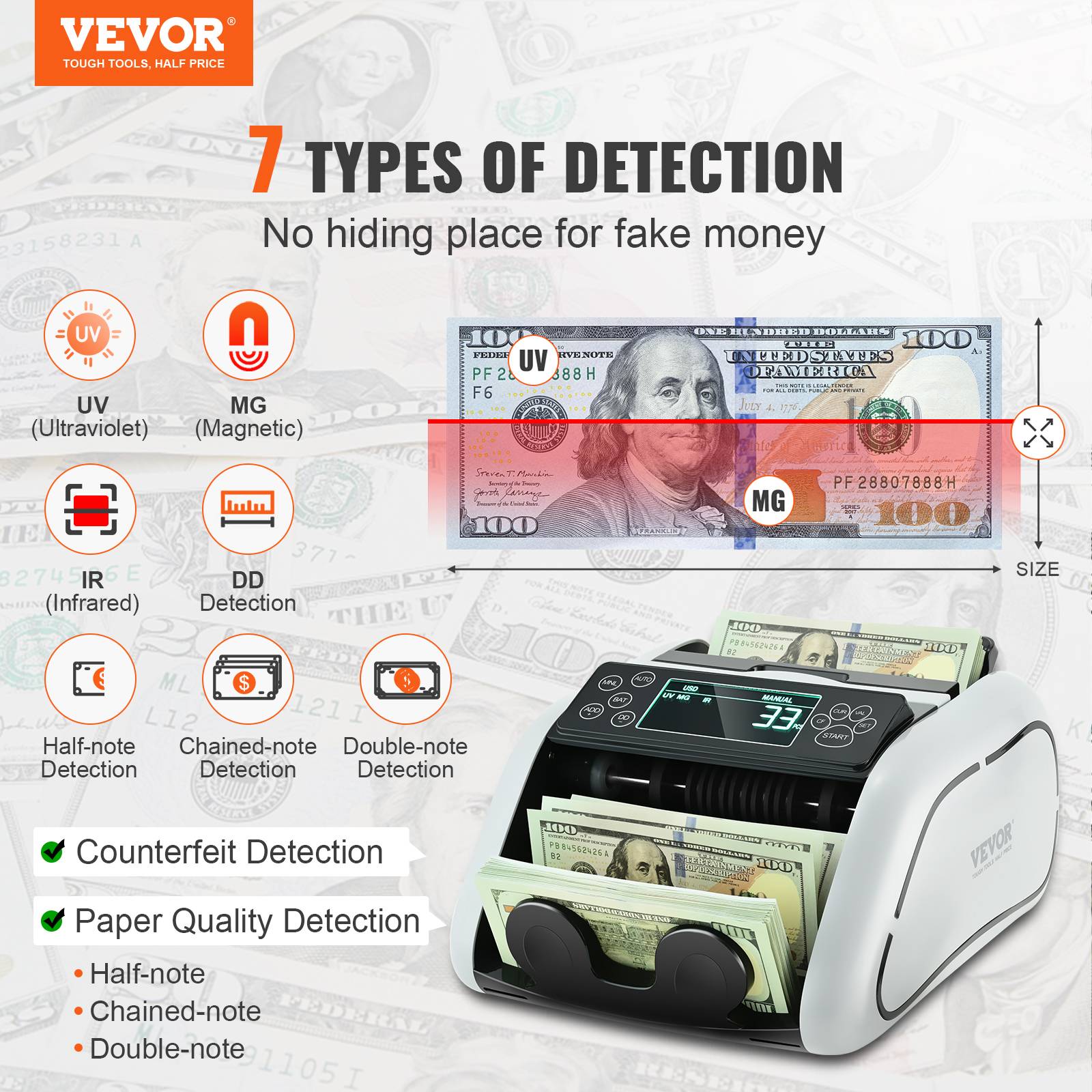 VEVOR Compteuse billets USD/EUR, détecteur faux billets UV/MG/IR/DD, grand écran LCD et externe. - Image 2
