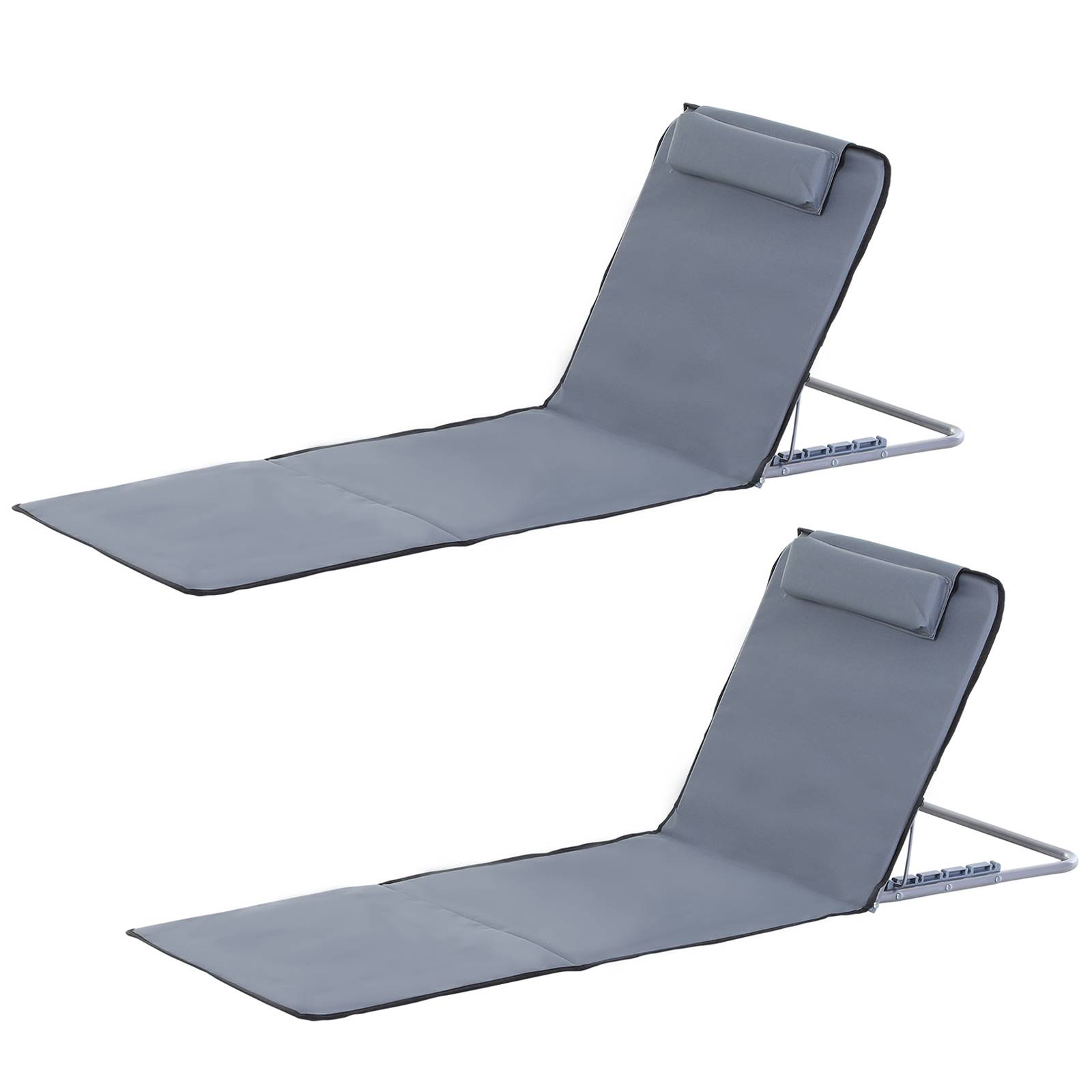 Transat pliable avec appui-tête, chaise longue de plage, dossier réglable 5 positions, sac transport, jardin plage piscine gris - Image 2