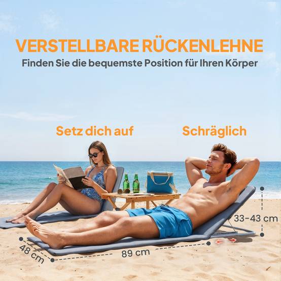 Transat pliable avec appui-tête, chaise longue de plage, dossier réglable 5 positions, sac transport, jardin plage piscine gris - Image 7
