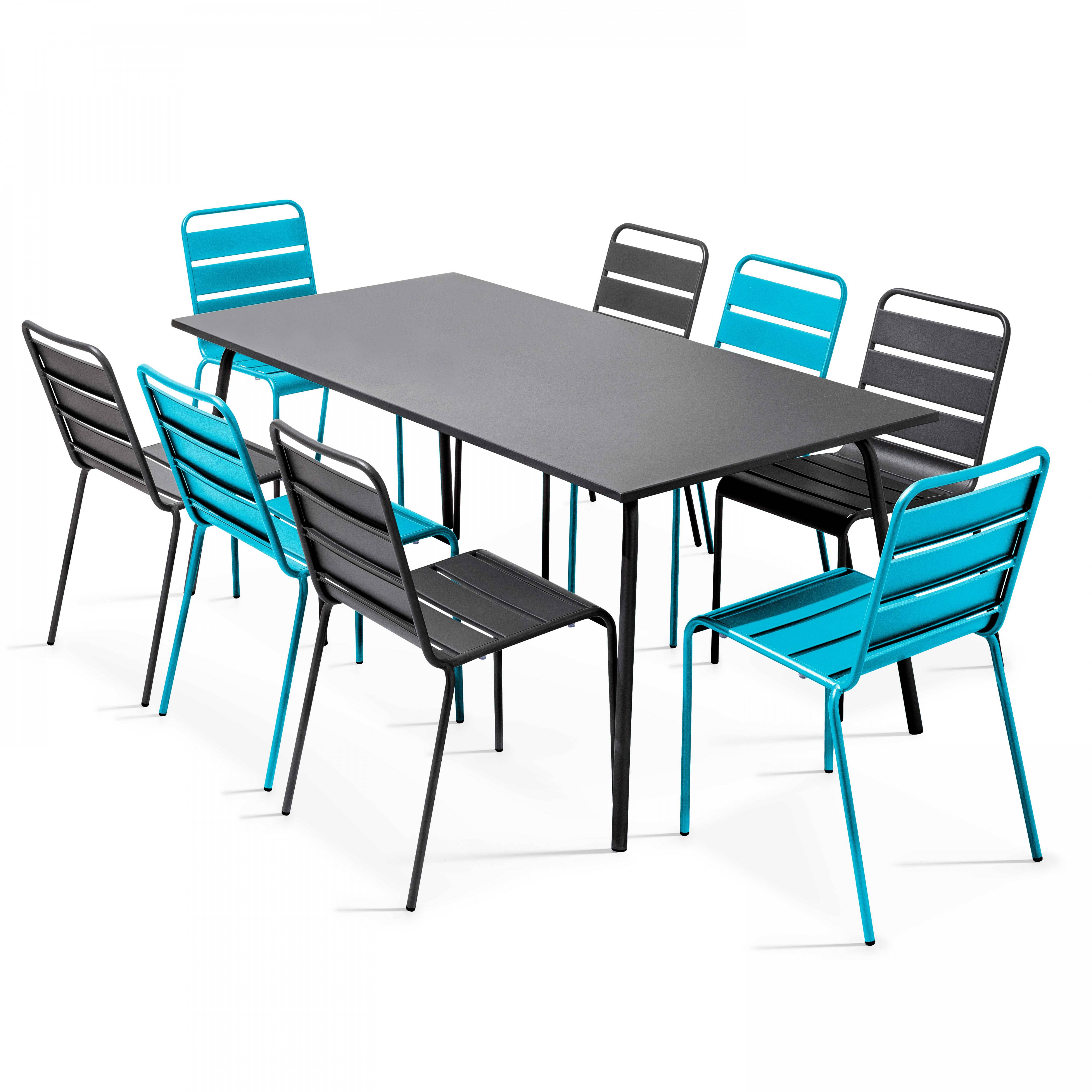 Oviala - Ensemble table de jardin et 8 chaises en métal gris et bleu Palavas - Oviala - Imagen 1