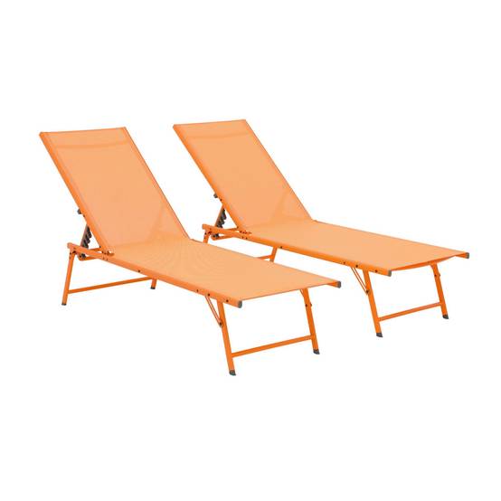 sweeek - Lot de 2 bains de soleil acier textilène inclinable 4 positions Tropea orange. 165 x 54.5 x 82.5 cm | sweeek - Image 2