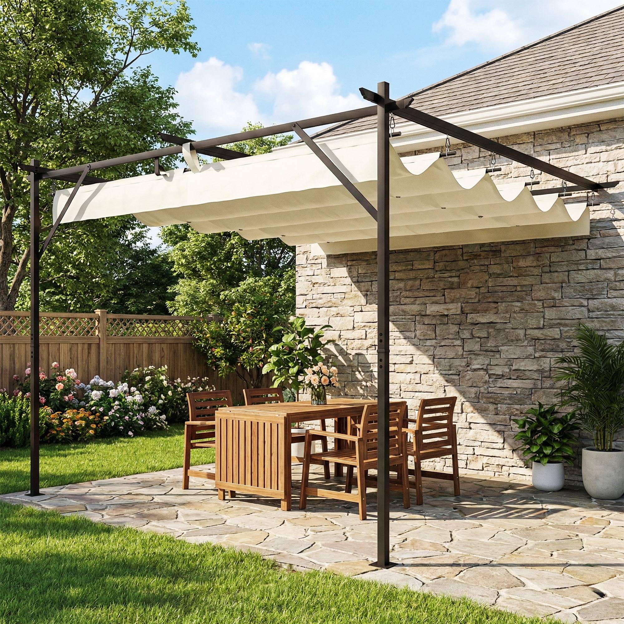Pergola adossée murale toit rétractable réglable anti-UV terrasse 3x3m crème - ComfortXL Outdoor Living - Image 4