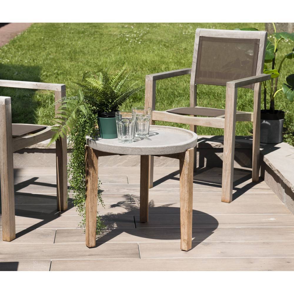 Macabane - HECTOR - Table d'appoint de jardin béton diam 50 cm pieds bois acacia - Imagen 2