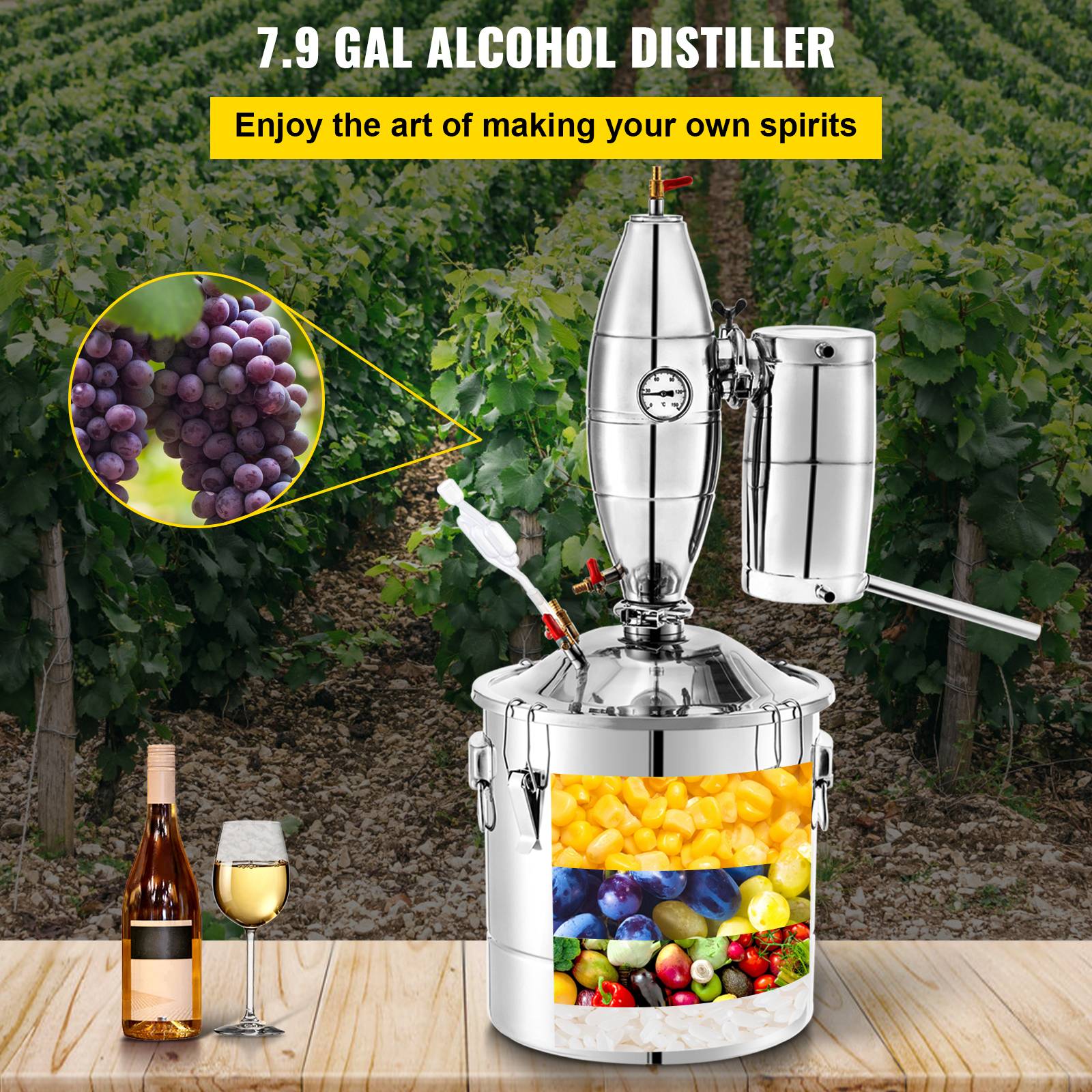 VEVOR Distillateur alambic 30L inox, avec thermomètre, pompe, tour de redressement, pour fermentation. - Image 2