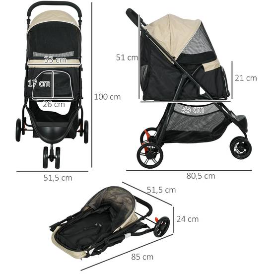 Poussette pour petit chien avec panier de rangement, protection pluie et fenêtre en filet, 80,5 x 51,5 x 100 cm, kaki - Image 5