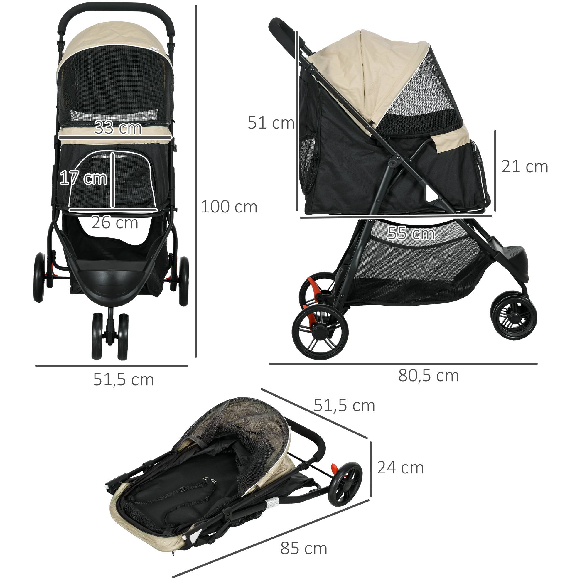 Poussette pour petit chien avec panier de rangement, protection pluie et fenêtre en filet, 80,5 x 51,5 x 100 cm, kaki - Image 5