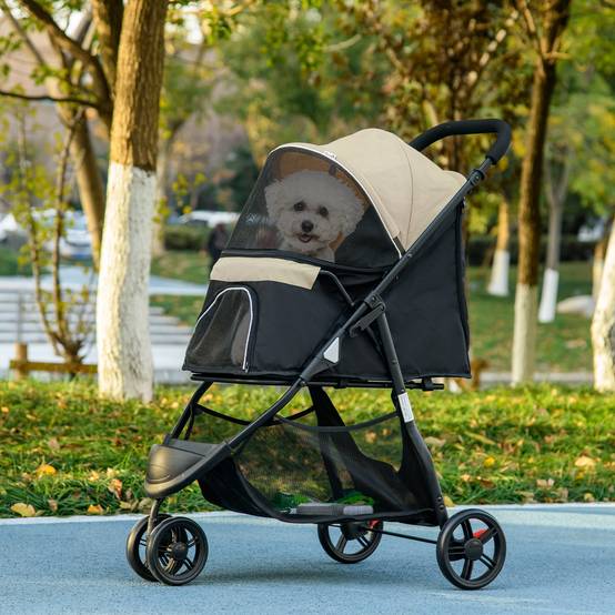 Poussette pour petit chien avec panier de rangement, protection pluie et fenêtre en filet, 80,5 x 51,5 x 100 cm, kaki - Image 4