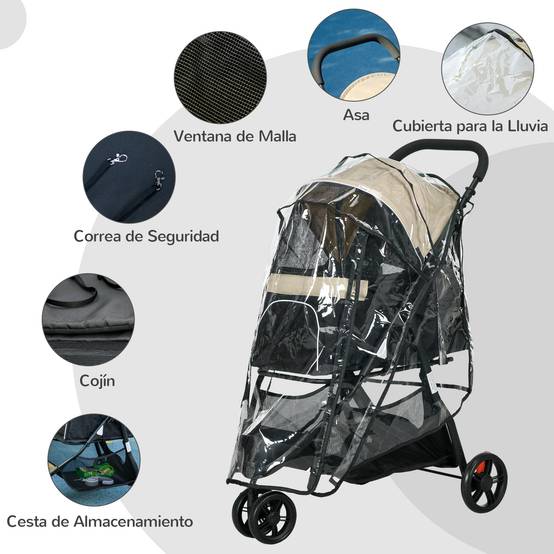 Poussette pour petit chien avec panier de rangement, protection pluie et fenêtre en filet, 80,5 x 51,5 x 100 cm, kaki - Image 9